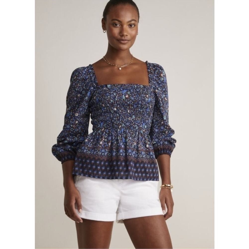 Vineyard Vines Puff Sleeve Smocked Top XL Fenwick Paisley Peplum Cotton Silk NWT